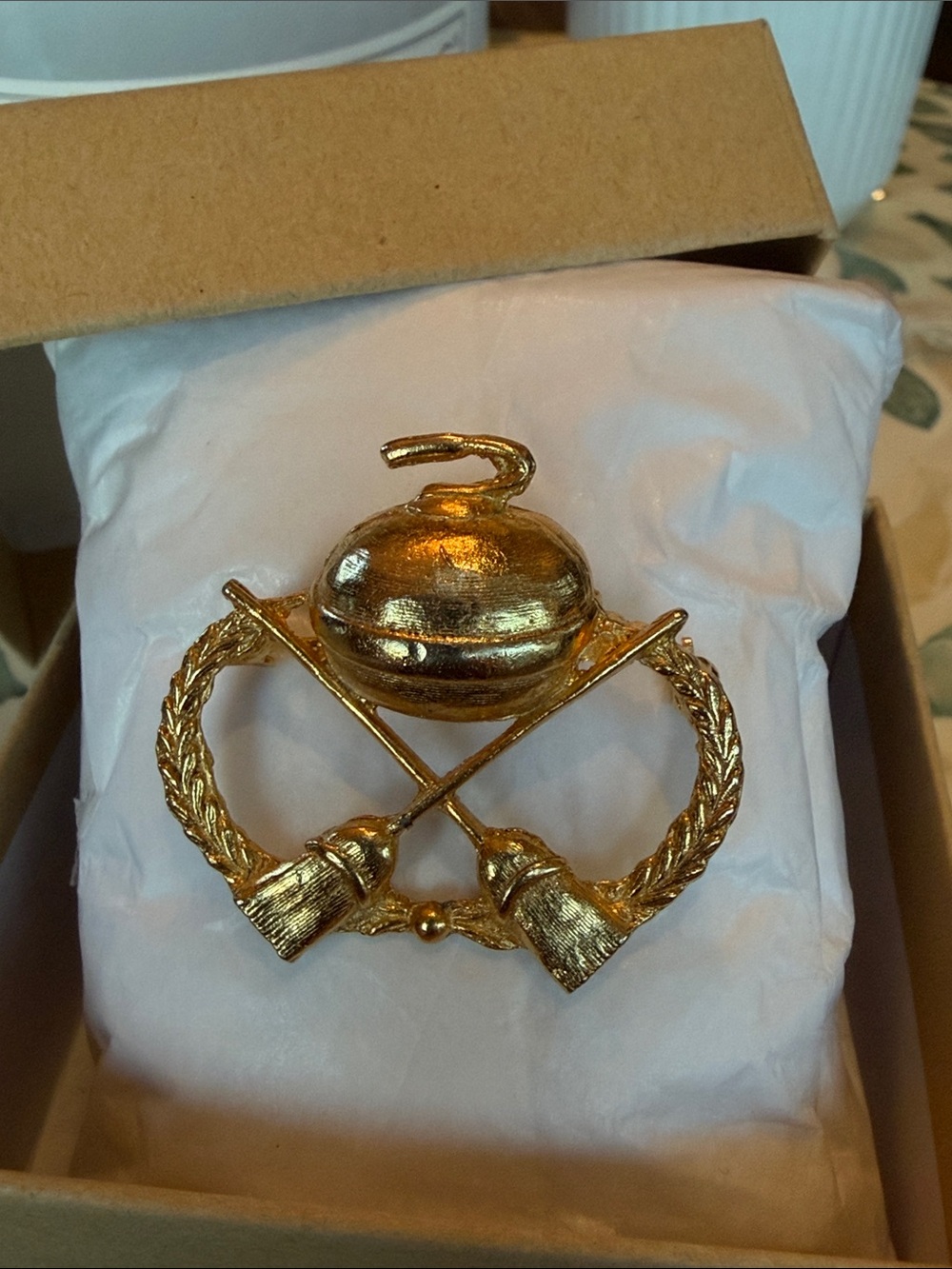 Vintage Curling Bonspiel Figural Brooch Gold Plated Textured Finish